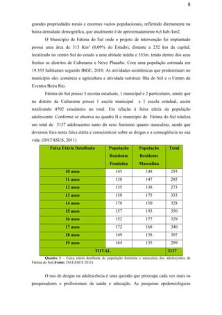 8
grandes propriedades rurais e enormes vazios populacionais, refletindo diretamente na
baixa densidade demográfica, que atualmente é de aproximadamente 6,6 hab./km2.
O Município de Fátima do Sul onde o projeto de intervenção foi implantado
possui uma área de 315 Km² (0,09% do Estado), distante a 232 km da capital,
localizado no centro Sul do estado a uma altitude média e 353m. tendo dentro dos seus
limites os distritos de Culturama e Novo Planalto. Com uma população estimada em
19.333 habitantes segundo IBGE, 2010. As atividades econômicas que predominam no
município são: comércio e agricultura e atividade turística: llha do Sol e o Centro de
Eventos Beira Rio.
Fátima do Sul possui 3 escolas estaduais, 1 municipal e 2 particulares, sendo que
no distrito de Culturama possui 1 escola municipal e 1 escola estadual, assim
totalizando 4702 estudantes no total. Em relação á faixa etária da população
adolescente. Conforme se observa no quadro II o município de Fátima do Sul totaliza
um total de 3137 adolescentes tanto do sexo feminino quanto masculino, sendo que
devemos foca nesta faixa etária e conscientizar sobre as drogas e a conseqüência na sua
vida. (DATASUS, 2011)
Faixa Etária Detalhada População
Residente
Feminina
População
Residente
Masculina
Total
10 anos 145 148 293
11 anos 138 147 285
12 anos 135 138 273
13 anos 158 175 333
14 anos 178 150 328
15 anos 157 193 350
16 anos 152 177 329
17 anos 172 168 340
18 anos 149 158 307
19 anos 164 135 299
TOTAL 3137
Quadro 2 – Faixa etária detalhada da população feminina e masculina dos adolescentes de
Fátima do Sul (Fonte: DATASUS 2011)
O uso de drogas na adolescência é uma questão que preocupa cada vez mais os
pesquisadores e profissionais da saúde e educação. As pesquisas epidemiológicas
 