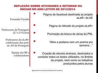 REFLEXÃO SOBRE ATIVIDADES A RETOMAR OU 
INICIAR NO ANO LETIVO DE 2013/2014 
Agrupamento de Escolas de Macedo de Cavaleiros 
Fernanda Vicente 
Professores de Português 
(2.º e 3.ºCiclos) 
Professores do aLeR+ 
colaboração dos prof. 
da AD de Português 
Equipa das BE e 
colaboradores 
Página de facebook destinada ao projeto 
aLeR+ do AE 
Página do Moodle do projeto aLeR+ 
Promoção da leitura de obras do PNL 
“Abre a pestana com um poema por 
semana…” 
Criação de ebooks diversos, destinados a 
compilar todos os textos utilizados, no âmbito 
do projeto, bem como os trabalhos 
produzidos pelos alunos 
 
