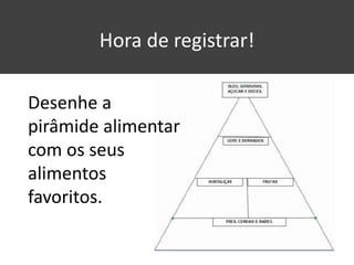 Hora de registrar!
Desenhe a
pirâmide alimentar
com os seus
alimentos
favoritos.
 