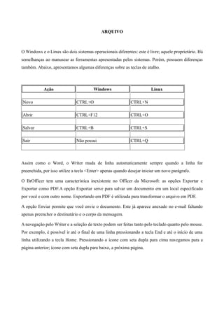 ARQUIVO



O Windows e o Linux são dois sistemas operacionais diferentes: este é livre; aquele proprietário. Há
semelhanças ao manusear as ferramentas apresentadas pelos sistemas. Porém, possuem diferenças
também. Abaixo, apresentamos algumas diferenças sobre as teclas de atalho.



            Ação                       Windows                         Linux

Novo                          CTRL+O                        CTRL+N

Abrir                         CTRL+F12                      CTRL+O

Salvar                        CTRL+B                        CTRL+S

Sair                          Não possui                    CTRL+Q



Assim como o Word, o Writer muda de linha automaticamente sempre quando a linha for
preenchida, por isso utilize a tecla <Enter> apenas quando desejar iniciar um novo parágrafo.

O BrOfficer tem uma característica inexistente no Officer da Microsoft: as opções Exportar e
Exportar como PDF.A opção Exportar serve para salvar um documento em um local especificado
por você e com outro nome. Exportando em PDF é utilizada para transformar o arquivo em PDF.

A opção Enviar permite que você envie o documento. Este já aparece anexado no e-mail faltando
apenas preencher o destinatário e o corpo da mensagem.

A navegação pelo Writer e a seleção de texto podem ser feitas tanto pelo teclado quanto pelo mouse.
Por exemplo, é possível ir até o final de uma linha pressionando a tecla End e até o início de uma
linha utilizando a tecla Home. Pressionando o ícone com seta dupla para cima navegamos para a
página anterior; ícone com seta dupla para baixo, a próxima página.
 