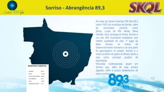Sorriso - Abrangência 89,3
•O sinal da Centro América FM Hits 89,3
cobre 100% do município de Sorriso, além
de municípios vizinhos como
Sinop, Lucas do Rio Verde, Nova
Ubiratã, Vera, Ipiranga do Norte. Sorriso é
um dos 200 municípios brasileiros com
melhor qualidade de vida. 1º lugar de
Mato Grosso no Índice de
Desenvolvimento Humano e um dos polos
do agronegócio no estado, Sorriso é o
maior produtor de grãos do Brasil, tendo a
soja como principal produto de
exportação.
•Grandes multinacionais atuam em
Sorriso que, além de soja, produz
algodão, milho e possui abatedouros de
aves e suínos.
SORRISO 66.521
SINOP 113.099
LUCAS DO RIO VERDE 45.556
NOVA UBIRATÃ 9.218
VERA 10.235
IPIRANGA DO NORTE 5.123
MUNICÍPIOS COBERTOS
 