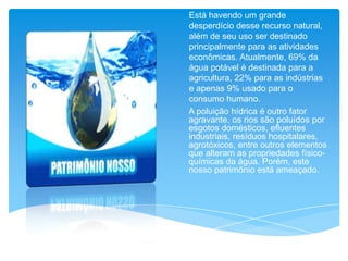 Está havendo um grande
desperdício desse recurso natural,
além de seu uso ser destinado
principalmente para as atividades
econômicas. Atualmente, 69% da
água potável é destinada para a
agricultura, 22% para as indústrias
e apenas 9% usado para o
consumo humano.
A poluição hídrica é outro fator
agravante, os rios são poluídos por
esgotos domésticos, efluentes
industriais, resíduos hospitalares,
agrotóxicos, entre outros elementos
que alteram as propriedades físico-
químicas da água. Porém, este
nosso patrimônio está ameaçado.
 
