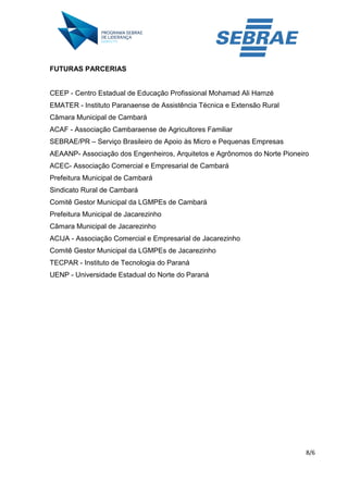8/6 
FUTURAS PARCERIAS 
CEEP - Centro Estadual de Educação Profissional Mohamad Ali Hamzé 
EMATER - Instituto Paranaense de Assistência Técnica e Extensão Rural 
Câmara Municipal de Cambará 
ACAF - Associação Cambaraense de Agricultores Familiar 
SEBRAE/PR – Serviço Brasileiro de Apoio às Micro e Pequenas Empresas 
AEAANP- Associação dos Engenheiros, Arquitetos e Agrônomos do Norte Pioneiro 
ACEC- Associação Comercial e Empresarial de Cambará 
Prefeitura Municipal de Cambará 
Sindicato Rural de Cambará 
Comitê Gestor Municipal da LGMPEs de Cambará 
Prefeitura Municipal de Jacarezinho 
Câmara Municipal de Jacarezinho 
ACIJA - Associação Comercial e Empresarial de Jacarezinho 
Comitê Gestor Municipal da LGMPEs de Jacarezinho 
TECPAR - Instituto de Tecnologia do Paraná 
UENP - Universidade Estadual do Norte do Paraná 
 