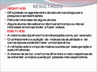 RESULTADOS NEGATIVOS Dificuldade no agendamento da sala de tecnologia para pesquisa e apresentações; Falta de interesse de alguns alunos; Alguns alunos não sabiam e não tiveram tempo ou não se interessaram em aprender a fazer vídeos. POSITIVOS A maioria dos objetivos foram alcançados como, por exemplo: O conhecimento e audição  de  músicas da atualidade e  de outras épocas podendo fazer um comparativo; A reflexão sobre o tipo de música ouvidos por essa geração e suas influências; A chance de se ter uma forma diferente e mais respeitosa de se entender a música ouvida por pessoas mais experientes.  