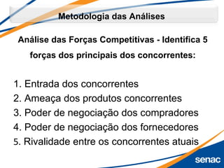 Análise das Forças Competitivas - Identifica 5
forças dos principais dos concorrentes:
1. Entrada dos concorrentes
2. Ameaça dos produtos concorrentes
3. Poder de negociação dos compradores
4. Poder de negociação dos fornecedores
5. Rivalidade entre os concorrentes atuais
Metodologia das Análises
 