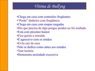 Virtual (zoar, discriminar, difamar, por meio da internet e celular). O que é Bullyng?O BULLYING é:DIFAMAR (fofocar)  	   	     PROVOCARDOMINAR             		     AMEAÇARAMEDRONTAR                       BATER    		COLOCAR APELIDOS   	     EMPURRAR  	 QUEBRAR PERTENCES            ATORMENTAR ROUBAR 	                        CHUTAR ATERRORIZAR		     DESVALORIZAR                              FERIR	
