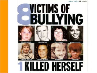 O ciberbullying age sob anonimatoOs ciberbullies escondem-se muitas vezes, atrás de nomes, de endereços e de e-mails que não os identificam. A maioria dos Ciberbullies (84 %) conhecem as suas vítimas, mas a maioria das vítimas (69 %) não sabem quem são os seus agressores. Não saber quem é o responsável pelo bullying pode adicionar um fator de insegurança à vítima. 