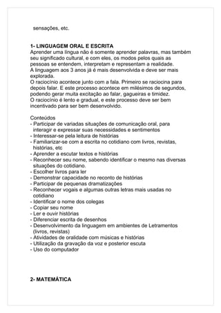 sensações, etc.


1- LINGUAGEM ORAL E ESCRITA
Aprender uma língua não é somente aprender palavras, mas também
seu significado cultural, e com eles, os modos pelos quais as
pessoas se entendem, interpretam e representam a realidade.
A linguagem aos 3 anos já é mais desenvolvida e deve ser mais
explorada.
O raciocínio acontece junto com a fala. Primeiro se raciocina para
depois falar. E este processo acontece em milésimos de segundos,
podendo gerar muita excitação ao falar, gagueiras e timidez.
O raciocínio é lento e gradual, e este processo deve ser bem
incentivado para ser bem desenvolvido.

Conteúdos
- Participar de variadas situações de comunicação oral, para
  interagir e expressar suas necessidades e sentimentos
- Interessar-se pela leitura de histórias
- Familiarizar-se com a escrita no cotidiano com livros, revistas,
  histórias, etc
- Aprender a escutar textos e histórias
- Reconhecer seu nome, sabendo identificar o mesmo nas diversas
  situações do cotidiano.
- Escolher livros para ler
- Demonstrar capacidade no reconto de histórias
- Participar de pequenas dramatizações
- Reconhecer vogais e algumas outras letras mais usadas no
  cotidiano
- Identificar o nome dos colegas
- Copiar seu nome
- Ler e ouvir histórias
- Diferenciar escrita de desenhos
- Desenvolvimento da linguagem em ambientes de Letramentos
  (livros, revistas)
- Atividades de oralidade com músicas e histórias
- Utilização da gravação da voz e posterior escuta
- Uso do computador




2- MATEMÁTICA
 