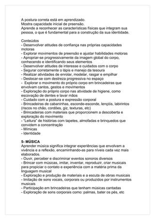 A postura correta está em aprendizado.
Mostra capacidade inicial de preensão.
Aprende a reconhecer as características físicas que integram sua
pessoa, o que é fundamental para a construção da sua identidade.

Conteúdos
- Desenvolver atitudes de confiança nas próprias capacidades
motoras
- Explorar movimentos de preensão e ajustar habilidades motoras
- Apropriar-se progressivamente da imagem global do corpo,
conhecendo e identificando seus elementos
- Desenvolver atitudes de interesse e cuidados com o corpo
- Segurar corretamente o lápis e manejo da tesoura
- Realizar atividades de enrolar, modelar, rasgar e empilhar
- Deslocar-se com destreza progressiva no espaço
- Explorar o movimento do próprio corpo em brincadeiras que
envolvam cantos, gestos e movimentos
- Exploração do próprio corpo nas atividade de higiene, como
escovação de dentes e lavar mãos
- Cuidado com a postura e expressão corporal
- Brincadeiras de cabaninhas, esconde-esconde, lençóis, labirintos
(riscos no chão, cordões, giz, texturas, etc)
- Brincadeiras com materiais que proporcionem a descoberta e
exploração do movimento
- “Leitura” de histórias com tapetes, almofadas e brinquedos que
convidem a concentração
- Mímicas
- Identidade

5- MÚSICA
Aprender música significa integrar experiências que envolvam a
vivência e a reflexão, encaminhando-as para níveis cada vez mais
elaborados.
- Ouvir, perceber e discriminar eventos sonoros diversos
- Brincar com músicas, imitar, inventar, reproduzir, criar musicais
para propiciar o contato e experiência com a matéria prima da
linguagem musical
- Exploração e produção de materiais e a escuta de obras musicais
- Imitação de sons vocais, corporais ou produzidos por instrumentos
musicais
- Participação em brincadeiras que tenham músicas cantadas
- Exploração de sons corporais como: palmas, bater os pés, etc
 