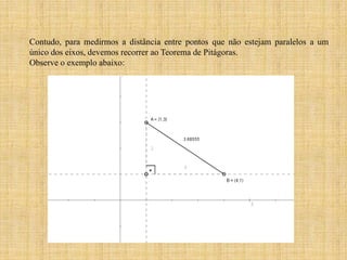 Contudo, para medirmos a distância entre pontos que não estejam paralelos a um
único dos eixos, devemos recorrer ao Teorema de Pitágoras.
Observe o exemplo abaixo:

 