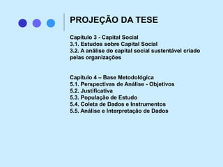 Capítulo 3 - Capital Social
3.1. Estudos sobre Capital Social
3.2. A análise do capital social sustentável criado
pelas organizações
Capítulo 4 – Base Metodológica
5.1. Perspectivas de Análise - Objetivos
5.2. Justificativa
5.3. População de Estudo
5.4. Coleta de Dados e Instrumentos
5.5. Análise e Interpretação de Dados
PROJEÇÃO DA TESE
 