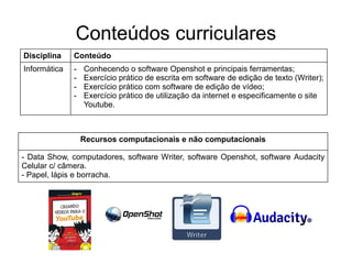 Conteúdos curriculares
Disciplina Conteúdo
Informática - Conhecendo o software Openshot e principais ferramentas;
- Exercício prático de escrita em software de edição de texto (Writer);
- Exercício prático com software de edição de vídeo;
- Exercício prático de utilização da internet e especificamente o site
Youtube.
Recursos computacionais e não computacionais
- Data Show, computadores, software Writer, software Openshot, software Audacity
Celular c/ câmera.
- Papel, lápis e borracha.
 
