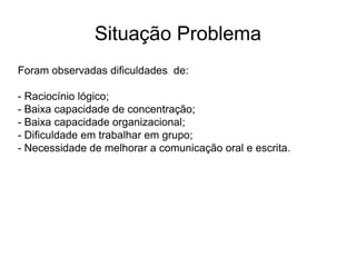 Situação Problema
Foram observadas dificuldades de:
- Raciocínio lógico;
- Baixa capacidade de concentração;
- Baixa capacidade organizacional;
- Dificuldade em trabalhar em grupo;
- Necessidade de melhorar a comunicação oral e escrita.
 