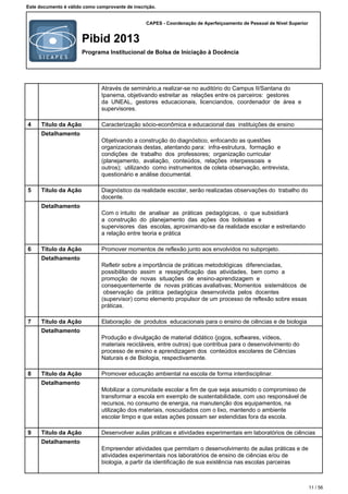 CAPES - Coordenação de Aperfeiçoamento de Pessoal de Nível Superior
Pibid 2013
Programa Institucional de Bolsa de Iniciação à Docência
Este documento é válido como comprovante de inscrição.
Através de seminário,a realizar-se no auditório do Campus II/Santana do
Ipanema, objetivando estreitar as relações entre os parceiros: gestores
da UNEAL, gestores educacionais, licenciandos, coordenador de área e
supervisores.
4 Título da Ação Caracterização sócio-econômica e educacional das instituições de ensino
Detalhamento
Objetivando a construção do diagnóstico, enfocando as questões
organizacionais destas, atentando para: infra-estrutura, formação e
condições de trabalho dos professores; organização curricular
(planejamento, avaliação, conteúdos, relações interpessoais e
outros); utilizando como instrumentos de coleta observação, entrevista,
questionário e análise documental.
5 Título da Ação Diagnóstico da realidade escolar, serão realizadas observações do trabalho do
docente.
Detalhamento
Com o intuito de analisar as práticas pedagógicas, o que subsidiará
a construção do planejamento das ações dos bolsistas e
supervisores das escolas, aproximando-se da realidade escolar e estreitando
a relação entre teoria e prática
6 Título da Ação Promover momentos de reflexão junto aos envolvidos no subprojeto.
Detalhamento
Refletir sobre a importância de práticas metodológicas diferenciadas,
possibilitando assim a ressignificação das atividades, bem como a
promoção de novas situações de ensino-aprendizagem e
consequentemente de novas práticas avaliativas; Momentos sistemáticos de
observação da prática pedagógica desenvolvida pelos docentes
(supervisor) como elemento propulsor de um processo de reflexão sobre essas
práticas.
7 Título da Ação Elaboração de produtos educacionais para o ensino de ciências e de biologia
Detalhamento
Produção e divulgação de material didático (jogos, softwares, vídeos,
materiais recicláveis, entre outros) que contribua para o desenvolvimento do
processo de ensino e aprendizagem dos conteúdos escolares de Ciências
Naturais e de Biologia, respectivamente.
8 Título da Ação Promover educação ambiental na escola de forma interdisciplinar.
Detalhamento
Mobilizar a comunidade escolar a fim de que seja assumido o compromisso de
transformar a escola em exemplo de sustentabilidade, com uso responsável de
recursos, no consumo de energia, na manutenção dos equipamentos, na
utilização dos materiais, noscuidados com o lixo, mantendo o ambiente
escolar limpo e que estas ações possam ser estendidas fora da escola.
9 Título da Ação Desenvolver aulas práticas e atividades experimentais em laboratórios de ciências
Detalhamento
Empreender atividades que permitam o desenvolvimento de aulas práticas e de
atividades experimentais nos laboratórios de ensino de ciências e/ou de
biologia, a partir da identificação de sua existência nas escolas parceiras
11 / 56
 