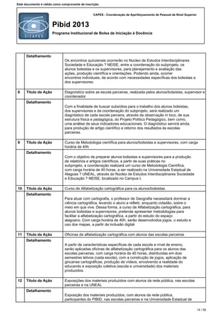 CAPES - Coordenação de Aperfeiçoamento de Pessoal de Nível Superior
Pibid 2013
Programa Institucional de Bolsa de Iniciação à Docência
Este documento é válido como comprovante de inscrição.
Detalhamento
Os encontros quinzenais ocorrerão no Núcleo de Estudos Interdisciplinares
Sociedade e Educação ? NEISE, entre a coordenação do subprojeto, os
alunos bolsistas e os supervisores, para planejamento e avaliação das
ações, produção científica e orientações. Podendo ainda, ocorrer
encontros individuais, de acordo com necessidades específicas dos bolsistas e
dos supervisores.
8 Título da Ação Diagnóstico sobre as escola parceiras, realizada pelos alunos/bolsistas, supervisor e
coordenador
Detalhamento
Com a finalidade de buscar subsídios para o trabalho dos alunos bolsistas,
dos supervisores e da coordenação do subprojeto, será realizado um
diagnóstico de cada escola parceira, através da observação in loco, de sua
estrutura física e pedagógica, do Projeto Político Pedagógico, bem como,
uma análise de seus indicadores educacionais. O diagnóstico servirá ainda,
para produção de artigo científico e retorno dos resultados às escolas
parceiras.
9 Título da Ação Curso de Metodologia científica para alunos/bolsistas e supervisores, com carga
horária de 40h
Detalhamento
Com o objetivo de preparar alunos bolsistas e supervisores para a produção
de relatórios e artigos científicos, a partir de suas práticas no
subprojeto, a coordenação realizará um curso de Metodologia Científica,
com carga horária de 40 horas, a ser realizado na Universidade Estadual de
Alagoas ? UNEAL, através do Núcleo de Estudos Interdisciplinares Sociedade
e Educação ? NEISE, localizado no Campus I.
10 Título da Ação Curso de Alfabetização cartográfica para os alunos/bolsistas
Detalhamento
Para atuar com cartografia, o professor de Geografia necessitará dominar a
ciência cartográfica, levando o aluno a refletir, enquanto cidadão, sobre o
meio em que vive. Dessa forma, a curso de Alfabetização cartográfica, para
alunos bolsistas e supervisores, pretende apresentar metodologias para
facilitar a alfabetização cartográfica, a partir do estudo do espaço
alagoano. Com carga horária de 40h, serão desenvolvidos jogos, o estudo e
uso dos mapas, a partir da inclusão digital
11 Título da Ação Oficinas de alfabetização cartográfica com alunos das escolas parceiras
Detalhamento
A partir de características específicas de cada escola e nível de ensino,
serão aplicadas oficinas de alfabetização cartográfica para os alunos das
escolas parceiras, com carga horária de 40 horas, distribuídas em dois
semestres letivos (cada escola), com a construção de jogos, aplicação de
gincanas cartográficas, produção de vídeos, envolvendo a realidade do
educando e exposição coletiva (escola e universidade) dos materiais
produzidos.
12 Título da Ação Exposições dos materiais produzidos com alunos da rede pública, nas escolas
parceiras e na UNEAL
Detalhamento
Exposição dos materiais produzidos, com alunos da rede pública,
participantes do PIBID, nas escolas parceiras e na Universidade Estadual de
14 / 56
 