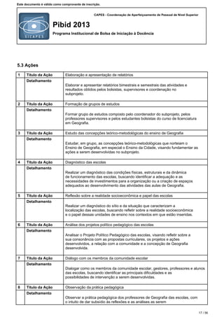 CAPES - Coordenação de Aperfeiçoamento de Pessoal de Nível Superior
Pibid 2013
Programa Institucional de Bolsa de Iniciação à Docência
Este documento é válido como comprovante de inscrição.
5.3 Ações
1 Título da Ação Elaboração e apresentação de relatórios
Detalhamento
Elaborar e apresentar relatórios bimestrais e semestrais das atividades e
resultados obtidos pelos bolsistas, supervisores e coordenação no
subprojeto.
2 Título da Ação Formação de grupos de estudos
Detalhamento
Formar grupo de estudos composto pelo coordenador do subprojeto, pelos
professores supervisores e pelos estudantes bolsistas do curso de licenciatura
em Geografia.
3 Título da Ação Estudo das concepções teórico-metodológicas do ensino de Geografia
Detalhamento
Estudar, em grupo, as concepções teórico-metodológicas que norteiam o
Ensino de Geografia, em especial o Ensino da Cidade, visando fundamentar as
ações a serem desenvolvidas no subprojeto.
4 Título da Ação Diagnóstico das escolas
Detalhamento
Realizar um diagnóstico das condições físicas, estruturais e da dinâmica
de funcionamento das escolas, buscando identificar a adequação e as
necessidades de investimentos para a organização ou a criação de espaços
adequados ao desenvolvimento das atividades das aulas de Geografia.
5 Título da Ação Reflexão sobre a realidade socioeconômica e papel das escolas
Detalhamento
Realizar um diagnóstico do sítio e da situação que caracterizam a
localização das escolas, buscando refletir sobre a realidade socioeconômica
e o papel dessas unidades de ensino nos contextos em que estão inseridas.
6 Título da Ação Análise dos projetos político pedagógico das escolas
Detalhamento
Analisar o Projeto Político Pedagógico das escolas, visando refletir sobre a
sua consonância com as propostas curriculares, os projetos e ações
desenvolvidos, a relação com a comunidade e a concepção de Geografia
desenvolvida.
7 Título da Ação Diálogo com os membros da comunidade escolar
Detalhamento
Dialogar como os membros da comunidade escolar, gestores, professores e alunos
das escolas, buscando identificar as principais dificuldades e as
possibilidades de intervenção a serem desenvolvidas.
8 Título da Ação Observação da prática pedagógica
Detalhamento
Observar a prática pedagógica dos professores de Geografia das escolas, com
o intuito de dar subsídio às reflexões e as análises as serem
17 / 56
 