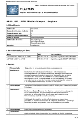CAPES - Coordenação de Aperfeiçoamento de Pessoal de Nível Superior
Pibid 2013
Programa Institucional de Bolsa de Iniciação à Docência
Este documento é válido como comprovante de inscrição.
6 Pibid 2013 - UNEAL / História / Campus I - Arapiraca
6.1 Identificação
Modalidade Presencial
Bolsas de iniciação a docência 30
Bolsas de supervisão 4
Bolsas de coordenação de área 2
Níveis de atuação Ensino fundamental
Modalidades de ensino Educação regular
Educação do campo
Educação quilombola
Município Arapiraca/AL
6.2 Coordenador(es) de Área
Nome CPF Currículo Lattes
ALICE VIRGINIA BRITO DE OLIVEIRA 564.464.974-15 http://lattes.cnpq.br/4102675278718879
ANTONIO BARBOSA LUCIO 494.864.204-59 http://lattes.cnpq.br/5228971187577366
6.3 Ações
1 Título da Ação Diagnóstico do contexto educacional das escolas parceiras.
Detalhamento
Realizar estudos voltados para identificação e sistematização das
condições de ensino e de trabalho das escolas, realizando levantamento da
estrutura física e condições de funcionamento das escolas, das condições
de trabalho dos professores, disponibilidade de material didático e de
recursos tecnológicos, bibliotecas e salas de informática e seus usos para o
ensino de História, os usos dos intervalos escolares como prática educativa
e as condições sociocômicas dos alunos e da comunidade.
2 Título da Ação Socialização do subprojeto com a equipe técnico-pedagógica das escolas parceiras
Estratégias
Detalhamento
Realizar reunião com Diretores, vice-diretores e coordenadores pedagógicos,
no início e final de cada ano letivo visando esclarecer os objetivos do
subprojeto, as ações pretendidas (e realizadas), a articulação entre a
Universidade e a escola de ensino fundamental;
Publicização dos relatórios parciais e finais, de documentos e artigos
produzidos no decorrer das atividades do subprojeto, de maneira a garantir que
as escolas parceiras acompanhem todas as atividades do pibid/história.
3 Título da Ação Elaboração de material didático-pedagógico
Detalhamento
Elaborar material didático-pedagógico para o ensino de História em escolas
19 / 56
 