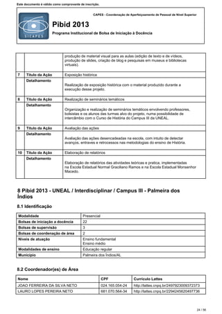 CAPES - Coordenação de Aperfeiçoamento de Pessoal de Nível Superior
Pibid 2013
Programa Institucional de Bolsa de Iniciação à Docência
Este documento é válido como comprovante de inscrição.
produção de material visual para as aulas (edição de texto e de vídeos,
produção de slides, criação de blog e pesquisas em museus e bibliotecas
virtuais).
7 Título da Ação Exposição histórica
Detalhamento
Realização de exposição histórica com o material produzido durante a
execução desse projeto.
8 Título da Ação Realização de seminários temáticos
Detalhamento
Organização e realização de seminários temáticos envolvendo professores,
bolsistas e os alunos das turmas alvo do projeto, numa possibilidade de
intercâmbio com o Curso de História do Campus III da UNEAL.
9 Título da Ação Avaliação das ações
Detalhamento
Avaliação das ações desencadeadas na escola, com intuito de detectar
avanços, entraves e retrocessos nas metodologias do ensino de História.
10 Título da Ação Elaboração de relatórios
Detalhamento
Elaboração de relatórios das atividades teóricas e pratica, implementadas
na Escola Estadual Normal Graciliano Ramos e na Escola Estadual Monsenhor
Macedo.
8 Pibid 2013 - UNEAL / Interdisciplinar / Campus III - Palmeira dos
Índios
8.1 Identificação
Modalidade Presencial
Bolsas de iniciação a docência 22
Bolsas de supervisão 3
Bolsas de coordenação de área 2
Níveis de atuação Ensino fundamental
Ensino médio
Modalidades de ensino Educação regular
Município Palmeira dos Índios/AL
8.2 Coordenador(es) de Área
Nome CPF Currículo Lattes
JOAO FERREIRA DA SILVA NETO 024.165.054-24 http://lattes.cnpq.br/2497923009372373
LAURO LOPES PEREIRA NETO 681.070.564-34 http://lattes.cnpq.br/2294245620497736
24 / 56
 