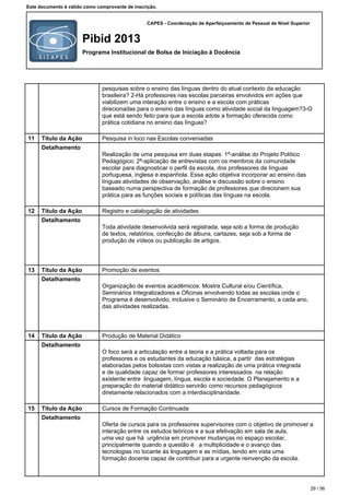 CAPES - Coordenação de Aperfeiçoamento de Pessoal de Nível Superior
Pibid 2013
Programa Institucional de Bolsa de Iniciação à Docência
Este documento é válido como comprovante de inscrição.
pesquisas sobre o ensino das línguas dentro do atual contexto da educação
brasileira? 2-Há professores nas escolas parceiras envolvidos em ações que
viabilizem uma interação entre o ensino e a escola com práticas
direcionadas para o ensino das línguas como atividade social da linguagem?3-O
que está sendo feito para que a escola adote a formação oferecida como
prática cotidiana no ensino das línguas?
11 Título da Ação Pesquisa in loco nas Escolas conveniadas
Detalhamento
Realização de uma pesquisa em duas etapas: 1ª-análise do Projeto Político
Pedagógico; 2ª-aplicação de entrevistas com os membros da comunidade
escolar para diagnosticar o perfil da escola, dos professores de línguas
portuguesa, inglesa e espanhola. Essa ação objetiva incorporar ao ensino das
línguas atividades de observação, análise e discussão sobre o ensino
baseado numa perspectiva de formação de professores que direcionem sua
prática para as funções sociais e políticas das línguas na escola.
12 Título da Ação Registro e catalogação de atividades
Detalhamento
Toda atividade desenvolvida será registrada, seja sob a forma de produção
de textos, relatórios, confecção de álbuns, cartazes, seja sob a forma de
produção de vídeos ou publicação de artigos.
13 Título da Ação Promoção de eventos
Detalhamento
Organização de eventos acadêmicos: Mostra Cultural e/ou Científica,
Seminários Integralizadores e Oficinas envolvendo todas as escolas onde o
Programa é desenvolvido, inclusive o Seminário de Encerramento, a cada ano,
das atividades realizadas.
14 Título da Ação Produção de Material Didático
Detalhamento
O foco será a articulação entre a teoria e a prática voltada para os
professores e os estudantes da educação básica, a partir das estratégias
elaboradas pelos bolsistas com vistas a realização de uma prática integrada
e de qualidade capaz de formar professores interessados na relação
existente entre linguagem, língua, escola e sociedade. O Planejamento e a
preparação do material didático servirão como recursos pedagógicos
diretamente relacionados com a interdisciplinaridade.
15 Título da Ação Cursos de Formação Continuada
Detalhamento
Oferta de cursos para os professores supervisores com o objetivo de promover a
interação entre os estudos teóricos e a sua efetivação em sala de aula,
uma vez que há urgência em promover mudanças no espaço escolar,
principalmente quando a questão é a multiplicidade e o avanço das
tecnologias no tocante às linguagem e as mídias, tendo em vista uma
formação docente capaz de contribuir para a urgente reinvenção da escola.
29 / 56
 