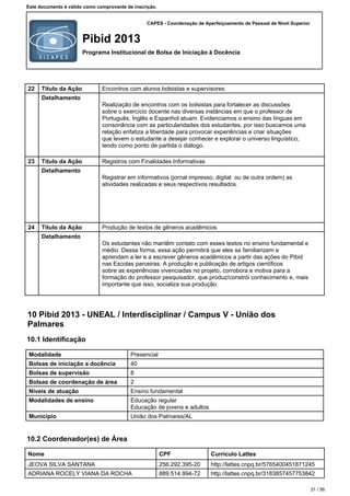 CAPES - Coordenação de Aperfeiçoamento de Pessoal de Nível Superior
Pibid 2013
Programa Institucional de Bolsa de Iniciação à Docência
Este documento é válido como comprovante de inscrição.
22 Título da Ação Encontros com alunos bolsistas e supervisores
Detalhamento
Realização de encontros com os bolsistas para fortalecer as discussões
sobre o exercício docente nas diversas instâncias em que o professor de
Português, Inglês e Espanhol atuam. Evidenciamos o ensino das línguas em
consonância com as particularidades dos estudantes, por isso buscamos uma
relação enfatiza a liberdade para provocar experiências e criar situações
que levem o estudante a desejar conhecer e explorar o universo linguístico,
tendo como ponto de partida o diálogo.
23 Título da Ação Registros com Finalidades Informativas
Detalhamento
Registrar em informativos (jornal impresso, digital ou de outra ordem) as
atividades realizadas e seus respectivos resultados.
24 Título da Ação Produção de textos de gêneros acadêmicos
Detalhamento
Os estudantes não mantêm contato com esses textos no ensino fundamental e
médio. Dessa forma, essa ação permitirá que eles se familiarizem e
aprendam a ler e a escrever gêneros acadêmicos a partir das ações do Pibid
nas Escolas parceiras. A produção e publicação de artigos científicos
sobre as experiências vivenciadas no projeto, corrobora e motiva para a
formação do professor pesquisador, que produz/constrói conhecimento e, mais
importante que isso, socializa sua produção.
10 Pibid 2013 - UNEAL / Interdisciplinar / Campus V - União dos
Palmares
10.1 Identificação
Modalidade Presencial
Bolsas de iniciação a docência 40
Bolsas de supervisão 8
Bolsas de coordenação de área 2
Níveis de atuação Ensino fundamental
Modalidades de ensino Educação regular
Educação de jovens e adultos
Município União dos Palmares/AL
10.2 Coordenador(es) de Área
Nome CPF Currículo Lattes
JEOVA SILVA SANTANA 256.292.395-20 http://lattes.cnpq.br/5765400451871245
ADRIANA ROCELY VIANA DA ROCHA 889.514.994-72 http://lattes.cnpq.br/3183857457753842
31 / 56
 