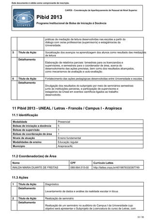 CAPES - Coordenação de Aperfeiçoamento de Pessoal de Nível Superior
Pibid 2013
Programa Institucional de Bolsa de Iniciação à Docência
Este documento é válido como comprovante de inscrição.
práticas de mediação de leitura desenvolvidas nas escolas a partir do
diálogo com os/as professor/as (supervisor/a) e estagiários/as da
Universidade.
5 Título da Ação Socialização dos avanços na aprendizagem dos alunos como resultado das mediações
de leitura
Detalhamento
Elaboração de relatórios parciais: bimestrais para os licenciandos e
supervisores, e semestrais para o coordenador de área, acerca do
desenvolvimento das ações previstas, bem como dos resultados alcançados,
como mecanismos de avaliação e auto-avaliação.
6 Título da Ação Fortalecimento das ações pedagógicas desenvolvidas entre Universidade e escolas
Detalhamento
Divulgação dos resultados do subprojeto por meio de seminários semestrais
junto às instituições parceiras, e participação de supervisores e
estagiários da Uneal em eventos científicos ligados ao trabalho
desenvolvido.
11 Pibid 2013 - UNEAL / Letras - Francês / Campus I - Arapiraca
11.1 Identificação
Modalidade Presencial
Bolsas de iniciação a docência 5
Bolsas de supervisão 1
Bolsas de coordenação de área 1
Níveis de atuação Ensino fundamental
Modalidades de ensino Educação regular
Município Arapiraca/AL
11.2 Coordenador(es) de Área
Nome CPF Currículo Lattes
INALDA MARIA DUARTE DE FREITAS 089.664.515-00 http://lattes.cnpq.br/4019879330387749
11.3 Ações
1 Título da Ação Diagnóstico
Detalhamento
Levantamento de dados e análise da realidade escolar in lócus.
2 Título da Ação Realização de seminário
Detalhamento
Realização de um seminário no auditório do Campus I da Universidade cujo
objetivo será apresentar o Subprojeto de Licenciatura do curso de Letras, com
33 / 56
 