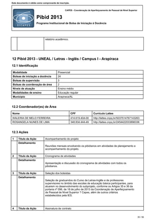 CAPES - Coordenação de Aperfeiçoamento de Pessoal de Nível Superior
Pibid 2013
Programa Institucional de Bolsa de Iniciação à Docência
Este documento é válido como comprovante de inscrição.
relatório acadêmico.
12 Pibid 2013 - UNEAL / Letras - Inglês / Campus I - Arapiraca
12.1 Identificação
Modalidade Presencial
Bolsas de iniciação a docência 24
Bolsas de supervisão 3
Bolsas de coordenação de área 2
Níveis de atuação Ensino médio
Modalidades de ensino Educação regular
Município Arapiraca/AL
12.2 Coordenador(es) de Área
Nome CPF Currículo Lattes
WALERIA DE MELO FERREIRA 414.619.404-00 http://lattes.cnpq.br/5037514767143263
ROSANGELA NUNES DE LIMA 348.834.444-49 http://lattes.cnpq.br/2454422033896336
12.3 Ações
1 Título da Ação Acompanhamento do projeto
Detalhamento
Reuniões mensais envolvendo os pibidianos em atividades de planejamento e
acompanhamento do projeto.
2 Título da Ação Cronograma de atividades
Detalhamento
Apresentação e discussão do cronograma de atividades com todos os
pibidianos.
3 Título da Ação Seleção dos bolsistas
Detalhamento
Seleção de graduandos do Curso de Letras-Inglês e de professores
supervisores no âmbito das escolas de educação básica participantes, para
atuarem no desenvolvimento do subprojeto, conforme os Artigos 35 e 36 da
portaria nº 096, de 18 de julho de 2013 da Coordenação de Aperfeiçoamento
de Pessoal de Nível Superior ? Capes, além de outros critérios
estabelecidos pela IES.
4 Título da Ação Assinatura de contrato
35 / 56
 