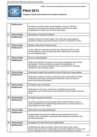 CAPES - Coordenação de Aperfeiçoamento de Pessoal de Nível Superior
Pibid 2013
Programa Institucional de Bolsa de Iniciação à Docência
Este documento é válido como comprovante de inscrição.
Detalhamento
Firmação de contrato coletivo de participação, junto aos pibidianos,
visando ao cumprimento das ações conforme os prazos e as regras
estabelecidas no edital a que se refere este projeto.
5 Título da Ação Elaboração de sequências didáticas
Detalhamento
Seleção de textos em língua inglesa, como base para organização de
sequências didáticas para aulas de leitura com foco no letramento crítico.
6 Título da Ação Seleção e discussão de textos teóricos
Detalhamento
Leitura, reflexão e discussão de textos sobre letramento crítico e suas
contribuições para uma educação linguística voltada para a construção
de uma cidadania crítica.
7 Título da Ação Fase de contextualização
Detalhamento
Análise das diretrizes curriculares e dos projetos pedagógicos das escolas
participantes ? leitura e análise dos projetos, dos programas, da
metodologia, dos materiais didáticos e dos procedimentos de avaliação
utilizados na área de língua inglesa.
8 Título da Ação Observação e registro das práticas de ensino de leitura em língua inglesa
Detalhamento
Observação, registro em áudio ou diários de campo, para posterior análise
e reflexão sobre modos de inserção do letramento crítico em aulas de
leitura nas escolas participantes.
9 Título da Ação Formação inicial e continuada
Detalhamento
Realização de minicursos, envolvendo os pibidianos das escolas
participantes, para conhecimento e aprofundamento teórico sobre letramento
crítico.
10 Título da Ação Formação de grupos de estudos
Detalhamento
Encontros quinzenais para discussões teóricas sobre letramento crítico e
sobre possibilidades de implementação dessa teoria em aulas de leitura em
língua inglesa no ensino básico.
11 Título da Ação Intervenção nas escolas participantes
Detalhamento
Implementação de sequências didáticas experimentais pelos alunos
bolsistas, com a orientação e supervisão dos professores supervisores das
escolas participantes.
12 Título da Ação Divulgação do Projeto Pibid/Letras-Inglês/UNEAL
Detalhamento
Socialização das ações do projeto, através das redes sociais, blogs e
site da Uneal, bem como a participação em eventos acadêmicos da área, para
troca de experiências com outras instituições de ensino básico e superior.
36 / 56
 