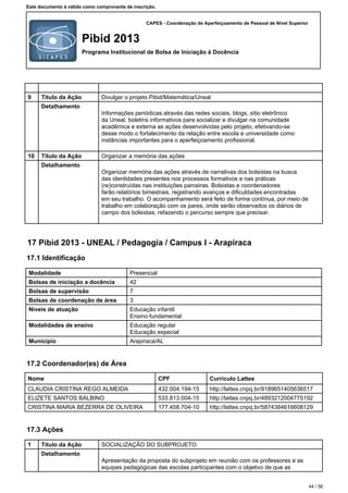 CAPES - Coordenação de Aperfeiçoamento de Pessoal de Nível Superior
Pibid 2013
Programa Institucional de Bolsa de Iniciação à Docência
Este documento é válido como comprovante de inscrição.
9 Título da Ação Divulgar o projeto Pibid/Matemática/Uneal
Detalhamento
Informações periódicas através das redes sociais, blogs, sitio eletrônico
da Uneal, boletins informativos para socializar e divulgar na comunidade
acadêmica e externa as ações desenvolvidas pelo projeto, efetivando-se
desse modo o fortalecimento da relação entre escola e universidade como
instâncias importantes para o aperfeiçoamento profissional.
10 Título da Ação Organizar a memória das ações
Detalhamento
Organizar memória das ações através de narrativas dos bolsistas na busca
das identidades presentes nos processos formativos e nas práticas
(re)construídas nas instituições parceiras. Bolsistas e coordenadores
farão relatórios bimestrais, registrando avanços e dificuldades encontradas
em seu trabalho. O acompanhamento será feito de forma contínua, por meio de
trabalho em colaboração com os pares, onde serão observados os diários de
campo dos bolsistas, refazendo o percurso sempre que precisar.
17 Pibid 2013 - UNEAL / Pedagogia / Campus I - Arapiraca
17.1 Identificação
Modalidade Presencial
Bolsas de iniciação a docência 42
Bolsas de supervisão 7
Bolsas de coordenação de área 3
Níveis de atuação Educação infantil
Ensino fundamental
Modalidades de ensino Educação regular
Educação especial
Município Arapiraca/AL
17.2 Coordenador(es) de Área
Nome CPF Currículo Lattes
CLAUDIA CRISTINA REGO ALMEIDA 432.004.194-15 http://lattes.cnpq.br/9189651405636517
ELIZETE SANTOS BALBINO 533.813.004-15 http://lattes.cnpq.br/4893212004775192
CRISTINA MARIA BEZERRA DE OLIVEIRA 177.458.704-10 http://lattes.cnpq.br/5874384616608129
17.3 Ações
1 Título da Ação SOCIALIZAÇÃO DO SUBPROJETO
Detalhamento
Apresentação da proposta do subprojeto em reunião com os professores e as
equipes pedagógicas das escolas participantes com o objetivo de que as
44 / 56
 