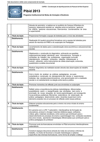 CAPES - Coordenação de Aperfeiçoamento de Pessoal de Nível Superior
Pibid 2013
Programa Institucional de Bolsa de Iniciação à Docência
Este documento é válido como comprovante de inscrição.
Através de seminário, a realizar-se no auditório do Campus II/Santana do
Ipanema, objetivando estreitar as relações entre os parceiros: gestores
da UNEAL, gestores educacionais, licenciandos, coordenadores de área
e supervisores
5 Título da Ação Proporcionar formação a equipe de bolsistas para o início das atividades
Detalhamento
Realização 04 (quatro) encontros formativos com a equipe de bolsistas para
estudo da natureza do PIBID e do subprojeto de Pedagogia.
6 Título da Ação Levantamento de dados para a caracterização sócio-econômica e educacional das
escolas
Detalhamento
Objetivando a construção do diagnóstico, enfocando as questões
organizacionais destas, atentando para: infra-estrutura, formação e
condições de trabalho dos professores; organização curricular
(planejamento, avaliação, conteúdos, relações interpessoais e
outros); utilizando como instrumentos de coleta observação, entrevista,
questionário e análise documental
7 Título da Ação Realizar diagnóstico da realidade escolar através das observações do trabalho
docente
Detalhamento
Com o intuito de analisar as práticas pedagógicas, as quais
subsidiarão a construção do planejamento dos alunos e supervisores
bolsistas das escolas,proporcionaremos uma aproximação com a realidade
escolar e um estreitamento na relação entre teoria e prática
8 Título da Ação Promover momentos de reflexão junto aos envolvidos no subprojeto
Detalhamento
Refletir sobre a importância de práticas metodológicas diferenciadas,
possibilitando assim a ressignificação das atividades, bem como a
promoção de novas situações de ensino-aprendizagem, por conseguinte
novas práticas avaliativas; Momentos sistemáticos de observação da
prática pedagógica desenvolvida pelos docentes (supervisor) como
elemento propulsor de um processo de reflexão sobre essas práticas
9 Título da Ação Elaborar produtos educacionais para o ensino nos anos iniciais do ensino
fundamental
Detalhamento
Em parceria com o LIFE ? Laboratório interdisciplinar de formação de
educadores, produzir e divulgar materiais didáticos (jogos, softwares,
vídeos, gibis, materiais recicláveis, entre outros) que contribuam para o
desenvolvimento do processo de ensino e aprendizagem dos conteúdos escolares
dos anos iniciais, apontando metodologias diferenciadas que contribuam para a
prática pedagógica do professor
10 Título da Ação Promover junto às licenciaturas envolvidas no Pibid encontros interdisciplinares
sistemáticos
Detalhamento
Construir espaços discursivos através de rodas de conversa e oficinas de
trabalho, no intuito de favorecer a trocade metodologias e saberes
específicos das diversas licenciaturas, como forma de ampliar o diálogo
48 / 56
 
