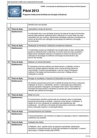 CAPES - Coordenação de Aperfeiçoamento de Pessoal de Nível Superior
Pibid 2013
Programa Institucional de Bolsa de Iniciação à Docência
Este documento é válido como comprovante de inscrição.
identifica dos nas escolas.
14 Título da Ação Laboratórios virtuais de Química
Detalhamento
A criatividade não é uma atividade exclusiva de apenas de alguns iluminados,
através dela podemos realmente fazer a diferença no mundo cada vez mais
competitivo em que vivemos. Desenvolver atividades criativas e inovadoras no
ensino de Química com utilização da tecnologia irá melhorar a formação
do licenciando
15 Título da Ação Realização de Workshop ?Utilizando simuladores interativos
Detalhamento
A criatividade precisa ser trabalhada nas escolas todos os dias, através dela
podemos realmente fazer a diferença no mundo cada vez mais competitivo.
Desenvolver atividades criativas e inovadoras no ensino de Química com
utilização da tecnologia irá melhorar a formação do licenciando e dos
alunos das escolas.
16 Título da Ação Elaborar um Jornal Informativo
Detalhamento
É importante promover práticas que desenvolvam a oralidade, escrita e
leitura de variados gêneros textuais como uma ferramenta básica da
comunicação. O jornal visa aperfeiçoar o uso da Língua Portuguesa,
melhorar a formação dos licenciandos e promover o diálogo entre a
instituição e a escola.
17 Título da Ação Divulgar os resultados e impactos do Subprojeto em eventos
Detalhamento
Os eventos educacionais promovem o debate de temas de ensino e pesquisa;
avaliação do ensino, a identidade, carreira e valorização dos professores;
culturas populares; linguagens, tecnologias entre outros. Para melhorar a
formação dos licenciandos e docentes os eventos são oportunidades de
reflexão das políticas de formação.
18 Título da Ação Editar um Livro
Detalhamento
O conhecimento científico precisa está em constante crítica e criatividade
buscando permanente a verdade, propondo novas teorias e hipóteses A
edição de um livro retratando os resultados das experiências dos
professores irá melhorar a formação dos licenandos e promover o diálogo
entre a educação superior e a educação básica.
19 Título da Ação Acompanhamento dos bolsistas
Detalhamento
O acompanhamento visa monitorar as ações do subprojeto e elevar o desempenho
acadêmico dos bolsistas
20 Título da Ação Avaliação das Ações
Detalhamento
O Relatório deve reportar todos os aspectos importantes, destacando
resultados e impactos parciais ou finais das atividades do subprojeto, o mesmo
deve seguir o modelo enviado pela CAPES.
52 / 56
 