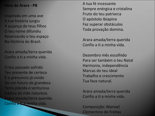 Hino de Arara - PB Inspirada em uma ave A tua história surgiu A pujança de teus filhos O teu nome difundiu Reservando o teu espaço Na História do Brasil. Arara amada/terra querida Confio a ti a minha vida. O teu passado sofrido Teu presente de certeza É o prenuncio já vivido De um futuro de grandeza Terra plácida e venturosa Dádiva da mãe natureza. Arara amada/terra querida Confio a ti a minha vida. A tua fé incessante Sempre enérgica e cristalina Fruto do teu patriarca O apóstolo Ibiapina Faz superar obstáculos Toda provação domina. Arara amada/terra querida Confio a ti a minha vida. Dezembro mês escolhido Para ser também o teu Natal Harmonia, independência Marcas do teu ideal Trabalho e crescimento Tua face natural. Arara amada/terra querida Confio a ti a minha vida. Composição: Manoel Clementino de Freitas  