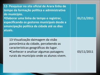 12- Pesquisar no site oficial de Arara linha de tempo da formação política e administrativa do município. Elaborar uma linha de tempo e registrar, especificando os gestores municipais desde a  emancipação politica da cidade até os dias atuais. 01/11/2011 13-Visualização daimagem da visão panorâmica da cidade, percebendo as características geográficas do lugar. Conhecer e analisar algumas paisagens rurais do município onde os alunos vivem.  03/11/2011 