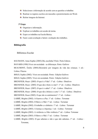 8
Seleccionar a informação de acordo com as questões a trabalhar.
Realizar os registos escritos em rascunho e posteriormente em Word.
Retirar imagens da Internet.
3ª Etapa
Organizar a informação.
Explicar os trabalhos em sessão de turma.
Expor os trabalhos na Escola Básica.
Fazer a auto-avaliação e hetero -avaliação dos trabalhos.
Bibliografia
Biblioteca Escolar
BAUMANN, Anne-Sophie (2005).Olá, escolinha! Porto: Porto Editora
BAYARD (1998).Viver em sociedade - as diferenças. Porto: Gailivro
BEAUMONT, Émilie (2004).Dicionário por imagens da vida das crianças. 1 ed.-
Lisboa: Fleurus
BOLO, Sophie (2002). Viver em sociedade. Porto: Edições Gailivro
BOLO, Sophie (2005). Viver em sociedade. Porto: Edições Gailivro
BRENIFIER, Oscar (2005) .O que é a Vida?. 1" ed. - Lisboa : Dinalivro
BRENIFIER, Oscar (2005). O que são o bem e o mal ?. 1" ed. - Lisboa : Dinalivro
BRENIFIER, Oscar (2007) .O que é o saber?. 1" ed. - Lisboa : Dinalivro
BRENIFIER, Oscar (2008) .O que são a beleza e a arte ?. 1" ed. - Lisboa : Dinalivro
BRENIFIER, Oscar (2005). O que são os sentimentos?. 1" ed. - Lisboa :
LABBÉ, Brigitte (2002). A Guerra e a Paz. 1" ed. - Lisboa : Terramar
LABBÉ, Brigitte (2002). O Bem e o Mal. 1" ed. - Lisboa : Terramar
LABBÉ, Brigitte (2002). O trabalho e o dinheiro. 1" ed. - Lisboa : Terramar
LABBÉ, Brigitte (2003). A Justiça e a Injustiça. 1 ed. - Lisboa : Terramar
LABBÉ, Brigitte (2003). A violência e a Não violência.1" ed. - Lisboa: Terramar
LABBÉ, Brigitte (2003). O Bem e o Mal. 1" ed. - Lisboa : Terramar
LABBÉ, Brigitte (2003). O que sabemos e não o que não sabemos. 1" ed. - Lisboa :
Terramar,
 