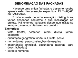 DENOMINAÇÃO DAS FACHADAS
Havendo uma única fachada, o desenho recebe
apenas esta denominação específica: ELEVAÇÃO
ou FACHADA.
Existindo mais de uma elevação, distinguir os
vários desenhos conforme a sua localização no
projeto. Há critérios variáveis desde que utilize-se
sempre o mesmo critério em um projeto.
Exemplos:
• vista: frontal, posterior, lateral direita, lateral
esquerda
• orientação geográfica: norte, sul, leste, oeste
• nome da rua: para construções de esquina
• importância: principal, secundária (apenas para
duas fachadas)
• letras e números.
 