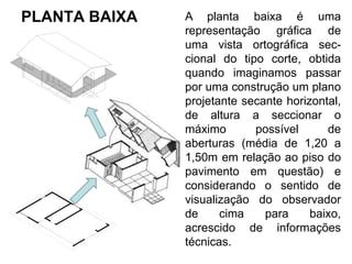 PLANTA BAIXA A planta baixa é uma
representação gráfica de
uma vista ortográfica sec-
cional do tipo corte, obtida
quando imaginamos passar
por uma construção um plano
projetante secante horizontal,
de altura a seccionar o
máximo possível de
aberturas (média de 1,20 a
1,50m em relação ao piso do
pavimento em questão) e
considerando o sentido de
visualização do observador
de cima para baixo,
acrescido de informações
técnicas.
 