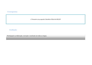 Participação na elaboração, execução e conclusão em todas as etapas.
Avaliação
2º Semestre 2014 segundo Calendário Oficial da SEE/SP
Cronograma
 