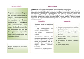 Propomos uma aprendizagem
que provoque o olhar sobre o
tempo e a nossa relação com
ele mediante as diversas
interferências provocadas
pelas transformações desse
tempo. Refletindo como elas
nos comunicam para que por
fim possamos apresentar
nossa própria intervenção nos
espaços da escola
Apresentação
A memória é uma relação com o passado, com o presente ou com o futuro?
Essa é uma das inquietações que nos movem nesse percurso, pretendemos criar situações
que deflagrem ações coletivas que permeiam os tempos da memória, por meio de conflitos
que promovam a imaginação e a criatividade. Para tanto, nos propomos a partir das
proposições do Educativo da 30x Bienal de Arte proporcionar situações que desencadeiem
as seguintes inquietações: Quando surge a memória? Como se desenha a memória? Qual a
importância do esquecimento? Memórias podem ser apagadas? Como um museu pode
construir memória?
Justificativa
Diferentes noções de tempo na
arte
A arte contemporânea no
território da materialidade
Arte pública e Intervenções
urbanas
Procedimentos técnicos das
linguagens da fotografia (inclusive
via celulares), do computador, do
cinema de animação, web art,
expansão dos conceitos de
pintura, desenho, escultura,
grafite etc.
Realização dos projetos poéticos
Conteúdo
s
 Proposta verde do educativo Bienal da
30x Bienal de Arte.
 Materiais diversos ( papéis, tintas, lápis
de cor, canetas hidrocor, linhas e
barbantes
 Imagens: Nelson Leirner – homenagem a
fontana II 1967;
 A persistência da memória - Salvador
dalí
 Vídeos Arte na escola
Materiais
Turmas envolvidas: 1º Ano Ensino
Médio A
 