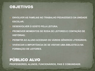 OBJETIVOS
 ENVOLVER AS FAMÍLIAS NO TRABALHO PEDAGÓGICO DA UNIDADE
ESCOLAR;
 DESENVOLVER O GOSTO PELA LEITURA;
 PROMOVER MOMENTOS DE RODA DE LEITORES E CONTAÇÃO DE
HISTÓRIAS;
 PERMITIR AO ALUNO ACESSAR OS VÁRIOS GÊNEROS LITERÁRIOS;
 VIVENCIAR A IMPORTÂNCIA DE SE VISITAR UMA BIBLIOTECA NA
FORMAÇÃO DE LEITORES.
PÚBLICO ALVO
PROFESSORES, ALUNOS, FUNCIONÁRIOS, PAIS E COMUNIDADE.
 