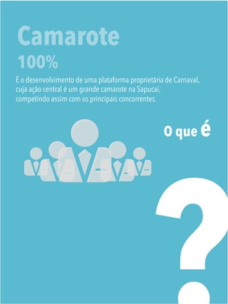 O que é
Camarote
100%
É o desenvolvimento de uma plataforma proprietária de Carnaval,
cuja ação central é um grande camarote na Sapucaí,
competindo assim com os principais concorrentes.
 
 
 