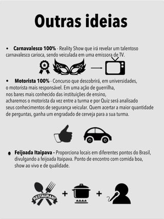 Outras ideias
•        Carnavalesco 100% - Reality Show que irá revelar um talentoso
carnavalesco carioca, sendo veiculada em uma emissora de TV.
•  Motorista 100% - Concurso que descobrirá, em universidades,
o motorista mais responsável. Em uma ação de guerrilha,
nos bares mais conhecido das instituições de ensino,
acharemos o motorista da vez entre a turma e por Quiz será analisado
seus conhecimentos de segurança veicular. Quem acertar a maior quantidade
de perguntas, ganha um engradado de cerveja para a sua turma.

	

Feijoada Itaipava - Proporciona locais em diferentes pontos do Brasil,
divulgando a feijoada Itaipava. Ponto de encontro com comida boa,
show ao vivo e de qualidade.
 