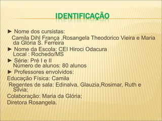 ►  Nome dos cursistas: Camila Dihl França ,Rosangela Theodorico Vieira e Maria da Glória S. Ferreira ►  Nome da Escola: CEI Hiroci Odacura  Local : Rochedo/MS  ►  Série: Pré I e II  Número de alunos: 80 alunos  ►  Professores envolvidos:  Educação Física: Camila Regentes de sala: Edinalva, Glauzia,Rosimar, Ruth e Silvia; Colaboração: Maria da Glória; Diretora Rosangela. 