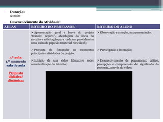 •     Duração:
      12 aulas

•     Desenvolvimento da Atividade:
AULAS               ROTEIRO DO PROFESSOR                               ROTEIRO DO ALUNO
                     Apresentação geral e breve do projeto             Observação e atenção, na apresentação;
                    “trânsito seguro”, abordagem da idéia do
                    circuito e solicitação para cada um providenciar
                    uma caixa de papelão (material reciclável);

                     Proposta de fotografar os           momentos      Participação e interação;
                    principais e atividades do projeto.
       1.ª aula:
    1.º momento     Exibição de um vídeo          Educativo   sobre    Desenvolvimento de pensamento crítico,
     sala de aula   conscientização de trânsito;                       percepção e compreensão do significado da
                                                                       proposta, através do vídeo;
     Proposta
     didática/
     dinâmica:
 
