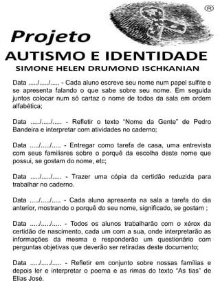 Data ...../...../..... - Cada aluno escreve seu nome num papel sulfite e
se apresenta falando o que sabe sobre seu nome. Em seguida
juntos colocar num só cartaz o nome de todos da sala em ordem
alfabética;
Data ...../...../..... - Refletir o texto “Nome da Gente” de Pedro
Bandeira e interpretar com atividades no caderno;
Data ...../...../..... - Entregar como tarefa de casa, uma entrevista
com seus familiares sobre o porquê da escolha deste nome que
possui, se gostam do nome, etc;
Data ...../...../..... - Trazer uma cópia da certidão reduzida para
trabalhar no caderno.
Data ...../...../..... - Cada aluno apresenta na sala a tarefa do dia
anterior, mostrando o porquê do seu nome, significado, se gostam ;
Data ...../...../..... - Todos os alunos trabalharão com o xérox da
certidão de nascimento, cada um com a sua, onde interpretarão as
informações da mesma e responderão um questionário com
perguntas objetivas que deverão ser retiradas deste documento;
Data ...../...../..... - Refletir em conjunto sobre nossas famílias e
depois ler e interpretar o poema e as rimas do texto “As tias” de
Elias José.
Simone Helen Drumond Ischkanian
 