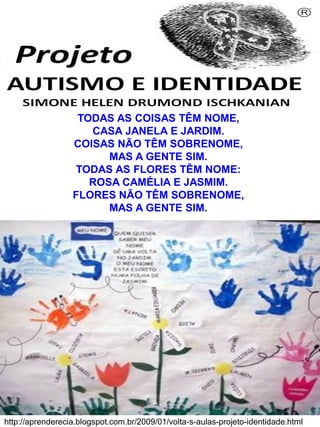 Simone Helen Drumond Ischkanian
TODAS AS COISAS TÊM NOME,
CASA JANELA E JARDIM.
COISAS NÃO TÊM SOBRENOME,
MAS A GENTE SIM.
TODAS AS FLORES TÊM NOME:
ROSA CAMÉLIA E JASMIM.
FLORES NÃO TÊM SOBRENOME,
MAS A GENTE SIM.
http://aprenderecia.blogspot.com.br/2009/01/volta-s-aulas-projeto-identidade.html
 