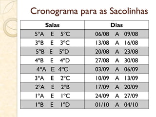 Cronograma para as Sacolinhas
Salas Dias
5ºA E 5ºC 06/08 A 09/08
3ºB E 3ºC 13/08 A 16/08
5ºB E 5ºD 20/08 A 23/08
4ºB E 4ºD 27/08 A 30/08
4ºA E 4ºC 03/09 A 06/09
3ºA E 2ºC 10/09 A 13/09
2ºA E 2ºB 17/09 A 20/09
1ºA E 1ºC 24/09 A 27/09
1ºB E 1ºD 01/10 A 04/10
 