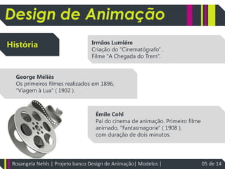 Design de AnimaçãoIrmãos LumiéreCriação do "Cinematógrafo“ . Filme "A Chegada do Trem“.HistóriaGeorge MélièsOs primeiros filmes realizados em 1896, “Viagem à Lua" ( 1902 ). Émile CohlPai do cinema de animação. Primeiro filme animado, "Fantasmagorie" ( 1908 ), com duração de dois minutos.Rosangela Nehls | Projeto banco Design de Animação| Modelos | 05 de 14