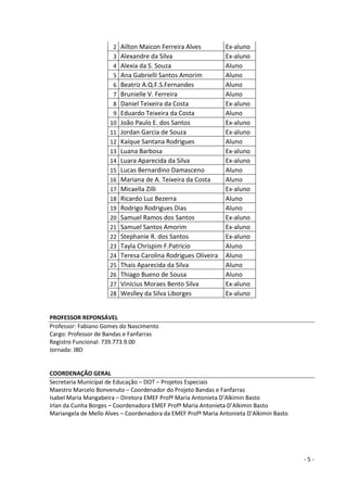 - 5 - 
2 
Ailton Maicon Ferreira Alves 
Ex-aluno 
3 
Alexandre da Silva 
Ex-aluno 
4 
Alexia da S. Souza 
Aluno 
5 
Ana Gabrielli Santos Amorim 
Aluno 
6 
Beatriz A.Q.F.S.Fernandes 
Aluno 
7 
Brunielle V. Ferreira 
Aluno 
8 
Daniel Teixeira da Costa 
Ex-aluno 
9 
Eduardo Teixeira da Costa 
Aluno 
10 
João Paulo E. dos Santos 
Ex-aluno 
11 
Jordan Garcia de Souza 
Ex-aluno 
12 
Kaíque Santana Rodrigues 
Aluno 
13 
Luana Barbosa 
Ex-aluno 
14 
Luara Aparecida da Silva 
Ex-aluno 
15 
Lucas Bernardino Damasceno 
Aluno 
16 
Mariana de A. Teixeira da Costa 
Aluno 
17 
Micaella Zilli 
Ex-aluno 
18 
Ricardo Luz Bezerra 
Aluno 
19 
Rodrigo Rodrigues Dias 
Aluno 
20 
Samuel Ramos dos Santos 
Ex-aluno 
21 
Samuel Santos Amorim 
Ex-aluno 
22 
Stephanie R. dos Santos 
Ex-aluno 
23 
Tayla Chrispim F.Patricio 
Aluno 
24 
Teresa Carolina Rodrigues Oliveira 
Aluno 
25 
Thais Aparecida da Silva 
Aluno 
26 
Thiago Bueno de Sousa 
Aluno 
27 
Vinícius Moraes Bento Silva 
Ex-aluno 
28 
Weslley da Silva Liborges 
Ex-aluno 
PROFESSOR REPONSÁVEL 
Professor: Fabiano Gomes do Nascimento 
Cargo: Professor de Bandas e Fanfarras 
Registro Funcional: 739.773.9.00 
Jornada: JBD 
COORDENAÇÃO GERAL 
Secretaria Municipal de Educação – DOT – Projetos Especiais 
Maestro Marcelo Bonvenuto – Coordenador do Projeto Bandas e Fanfarras 
Isabel Maria Mangabeira – Diretora EMEF Profª Maria Antonieta D’Alkimin Basto 
Irlan da Cunha Borges – Coordenadora EMEF Profª Maria Antonieta D’Alkimin Basto 
Mariangela de Mello Alves – Coordenadora da EMEF Profª Maria Antonieta D’Alkimin Basto 
 