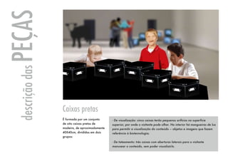 PEÇAS
 descrição das




                 Caixas pretas
                 É formada por um conjunto     - De visualização: cinco caixas terão pequenos orifícios na superfície
                 de oito caixas pretas de      superior, por onde o visitante pode olhar. No interior há mangueiras de luz
                 madeira, de aproximadamente   para permitir a visualização do conteúdo – objetos e imagens que fazem
                 40X40cm, divididas em dois    referência à biotecnologia;
                 grupos:
                                               - De tateamento: três caixas com aberturas laterais para o visitante
                                               manusear o conteúdo, sem poder visualizá-lo.
 
