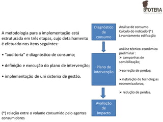 A metodologia para a implementação está
estruturada em três etapas, cujo detalhamento
é efetuado nos itens seguintes:

Diagnóstico
de
consumo

análise técnico-econômica
preliminar :
 campanhas de
sensibilização;

• “auditoria” e diagnóstico de consumo;
• definição e execução do plano de intervenção;

Análise de consumo
Cálculo do indicador(*)
Levantamento edificação

Plano de
intervenção

• implementação de um sistema de gestão.

correção de perdas;

instalação de tecnologias
economizadoras;
 redução de perdas.

(*) relação entre o volume consumido pelo agentes
consumidores

Avaliação
de
Impacto

 