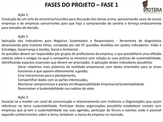 FASES DO PROJETO – FASE 1
Ação 1:
Condução de um ciclo de encontros/reuniões para discussão dos temas acima, apresentando cases de outras
empresas e de empresas concorrentes para que haja a compreensão do cenário e forneça embasamento
para tomadas de decisão.
Ação 2:
Aplicação dos Indicadores para Negócios Sustentáveis e Responsáveis - ferramenta de diagnóstico
desenvolvida pelo Instituto Ethos, composta por até 47 questões divididas em quatro indicadores: Visão e
Estratégia, Governança e Gestão, Social e Ambiental.
As questões devem ser respondidas por grupos de profissionais da empresa, o que possibilitará uma reflexão
coletiva sobre o estágio no qual a companhia se encontra com relação as suas práticas de sustentabilidade,
identificando aspectos essenciais que devem ser priorizados. A aplicação destes indicadores possibilita:
Gerar relatórios mais próximos da realidade empresarial, com dados orientados para as áreas
funcionais e que apoiem efetivamente a gestão;
Criar mecanismos para o planejamento,
Compartilhar dados com as partes interessadas,
Monitorar compromissos e pactos em Responsabilidade Empresarial/Sustentabilidade
Desenvolver a Sustentabilidade nas cadeias de valor.
Ação 3:
Associar-se e manter um canal de comunicação e relacionamento com Institutos e Organizações que sejam
referência no tema sustentabilidade. Participar destas organizações possibilita estabelecer contato com
empresas que já tem a sustentabilidade nas suas agendas, participar de fóruns e eventos onde é possível
expandir conhecimentos sobre o tema, fortalecer a marca da empresa no mercado.

 